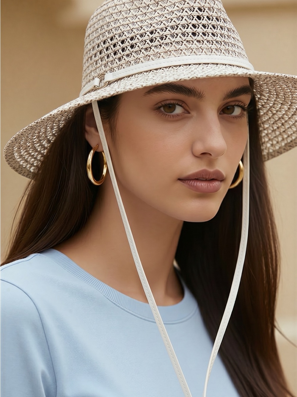 Anthropologie Cream Straw Sun Hat with Chin Strap